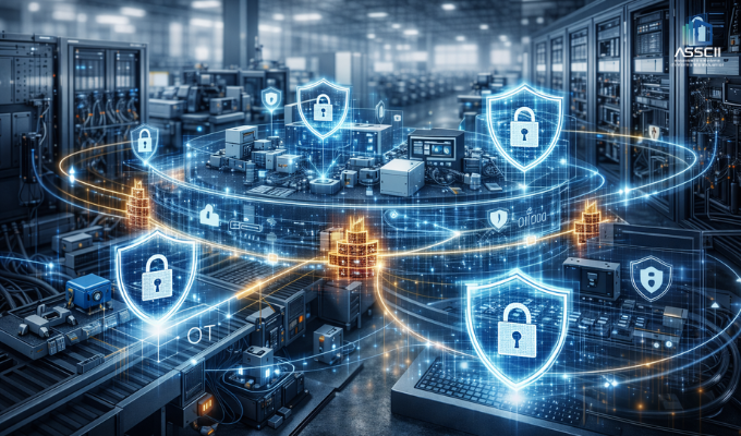 Ciberseguretat industrial en una fàbrica intel·ligent amb xarxes OT i IT protegides, xifrat de dades i seguretat en sistemes connectats d’Indústria 4.0